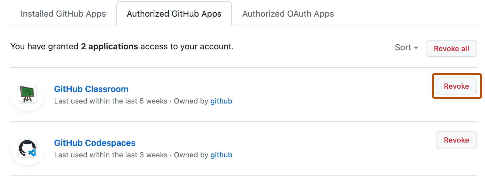 "권한 부여된 GitHub Apps" 탭의 스크린샷. 앱 옆에 "철회"라는 레이블이 지정된 단추가 주황색으로 강조 표시됩니다.