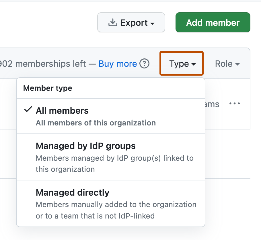 メンバーのリストのスクリーンショット。 [種類] というラベルのドロップダウン メニューはオレンジ色で囲まれており、展開されたドロップダウンには "すべてのメンバー"、"IdP グループによる管理"、"ディレクトリによる管理" というオプションが表示されています。