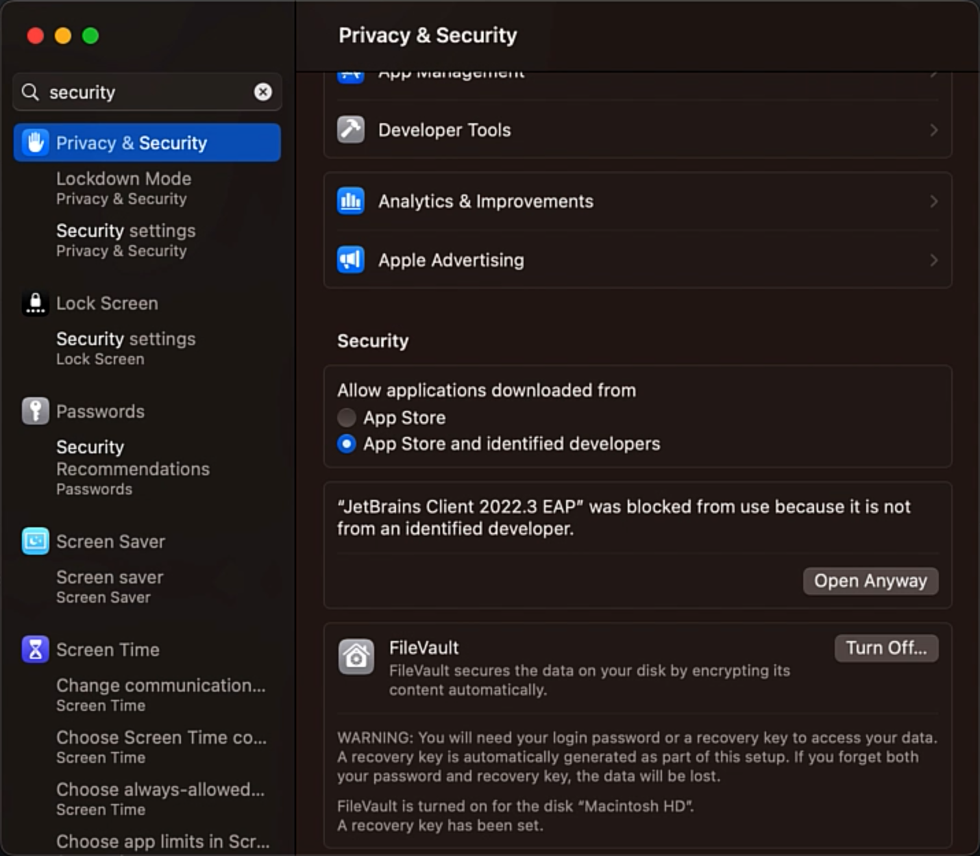 JetBrains 클라이언트 위에 보안 메시지가 있는 macOS "개인 정보 보호 및 보안" 대화 상자와 "어쨌든 열기" 단추의 스크린샷.