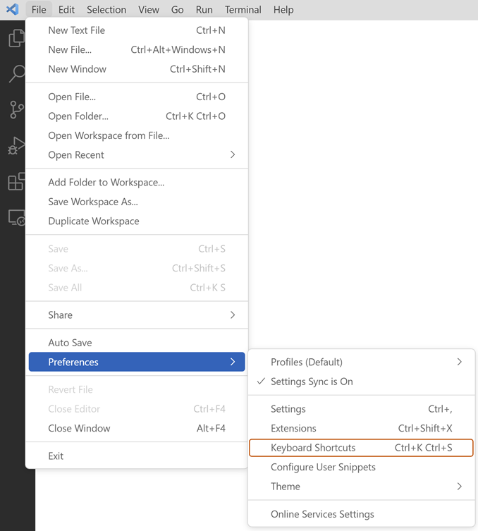 Capture d’écran de la barre de menus dans Visual Studio Code, avec le menu « Fichier » développé. Dans le sous-menu « Préférences », l’option « Raccourcis clavier » est mise en évidence avec un encadré orange.