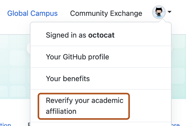 Captura de tela de um menu de perfil no site do GitHub Education. A opção de menu "Verificar sua afiliação acadêmica novamente" está realçada em laranja escuro.