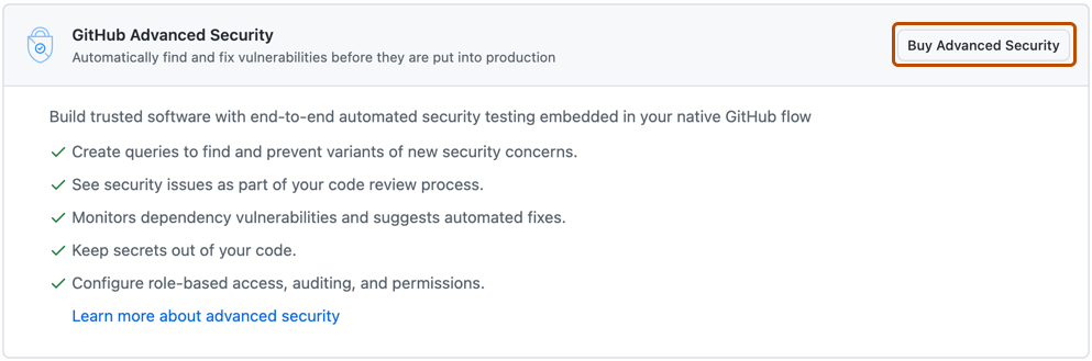 企业许可屏幕的 GitHub Advanced Security 部分的屏幕截图。 “购买 Advanced Security”按钮以橙色框出。