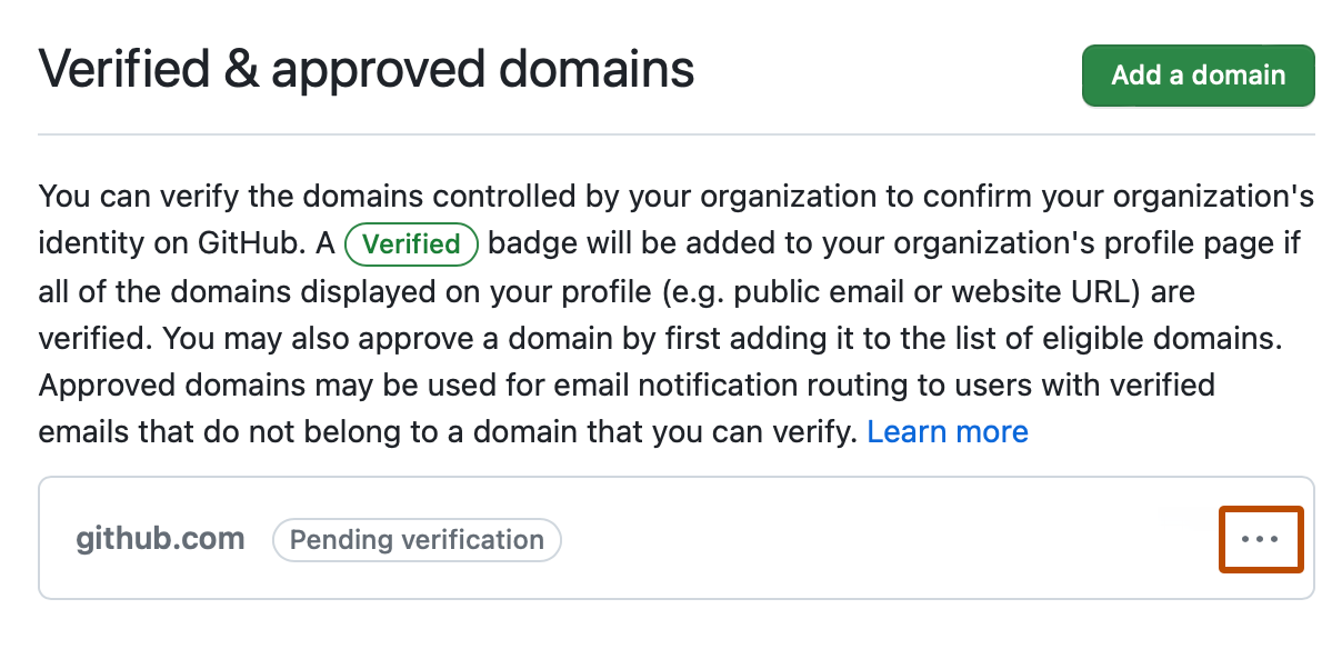 Screenshot of the "Verified & approved domains" page. To the right of a domain that is pending verification, a kebab icon is outlined in dark orange.