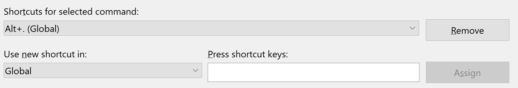 Screenshot of the fields for entering a new keyboard shortcut assignment.