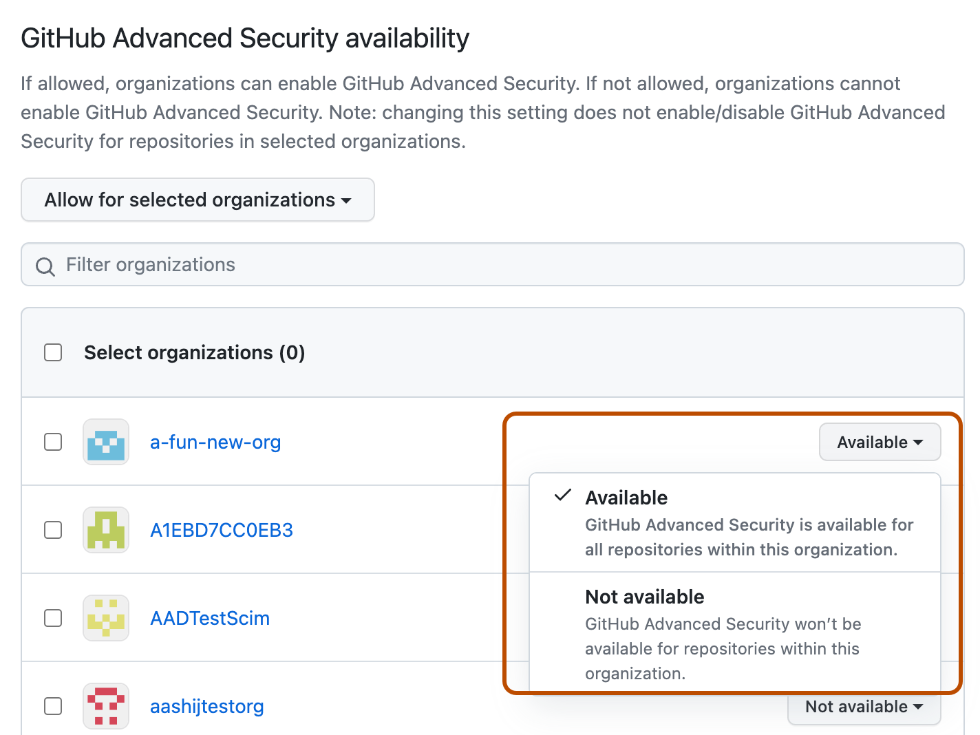 Drop-down to select Advanced Security policy for individual organization in the enterprise account
