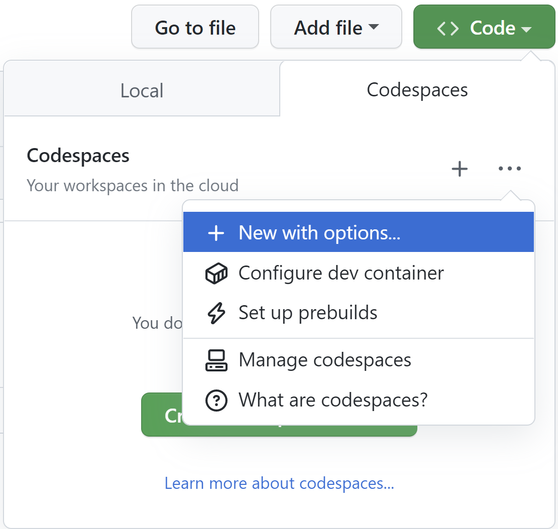 "Codespaces" 탭의 옵션 드롭다운에서 "옵션으로 새로 만들기" 옵션이 강조 표시된 스크린샷