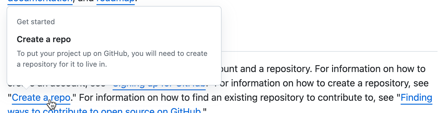 Снимок экрана: часть статьи о GitHub Docs. Курсор наведите указатель мыши на ссылку на статью "Создание репозитория", а указатель мыши карта отображает расположение, название и введение статьи.