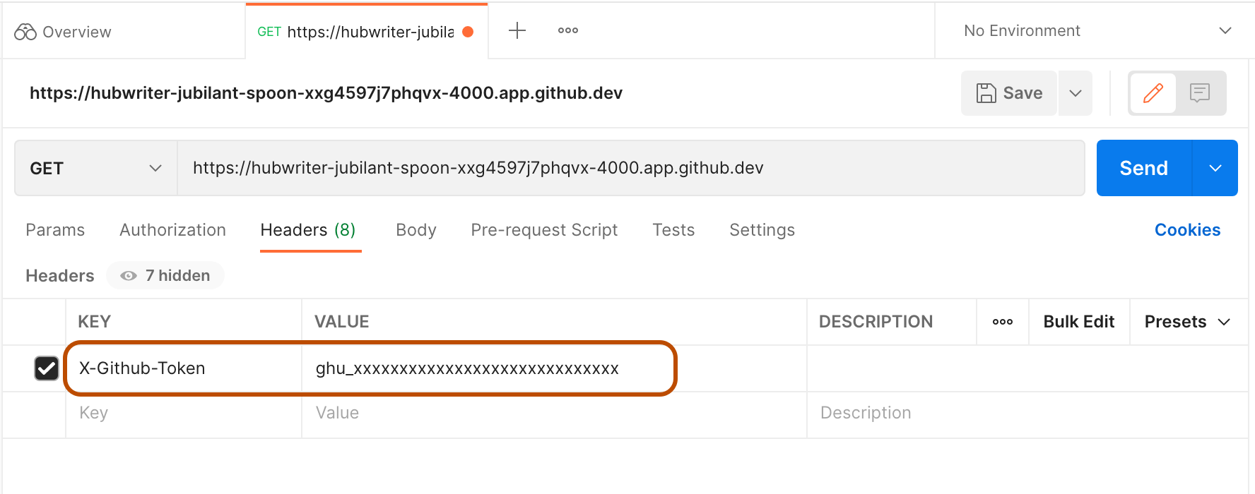 X-GitHub-Token 키 값으로 Postman에 붙여넣은 더미 GITHUB_TOKEN 스크린샷. 키와 값이 강조 표시됩니다.