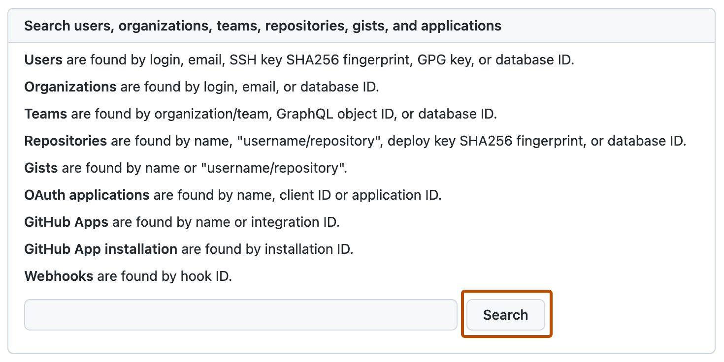 “站点管理员”设置的“搜索”页的屏幕截图。 用于搜索存储库的按钮（标记为“搜索”）以橙色轮廓突出显示。