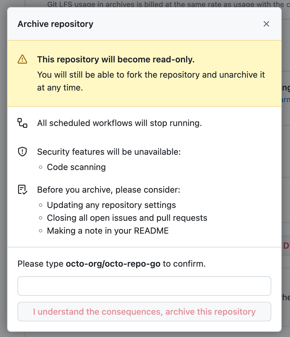 Captura de tela que mostra a caixa de diálogo "Arquivar repositório".