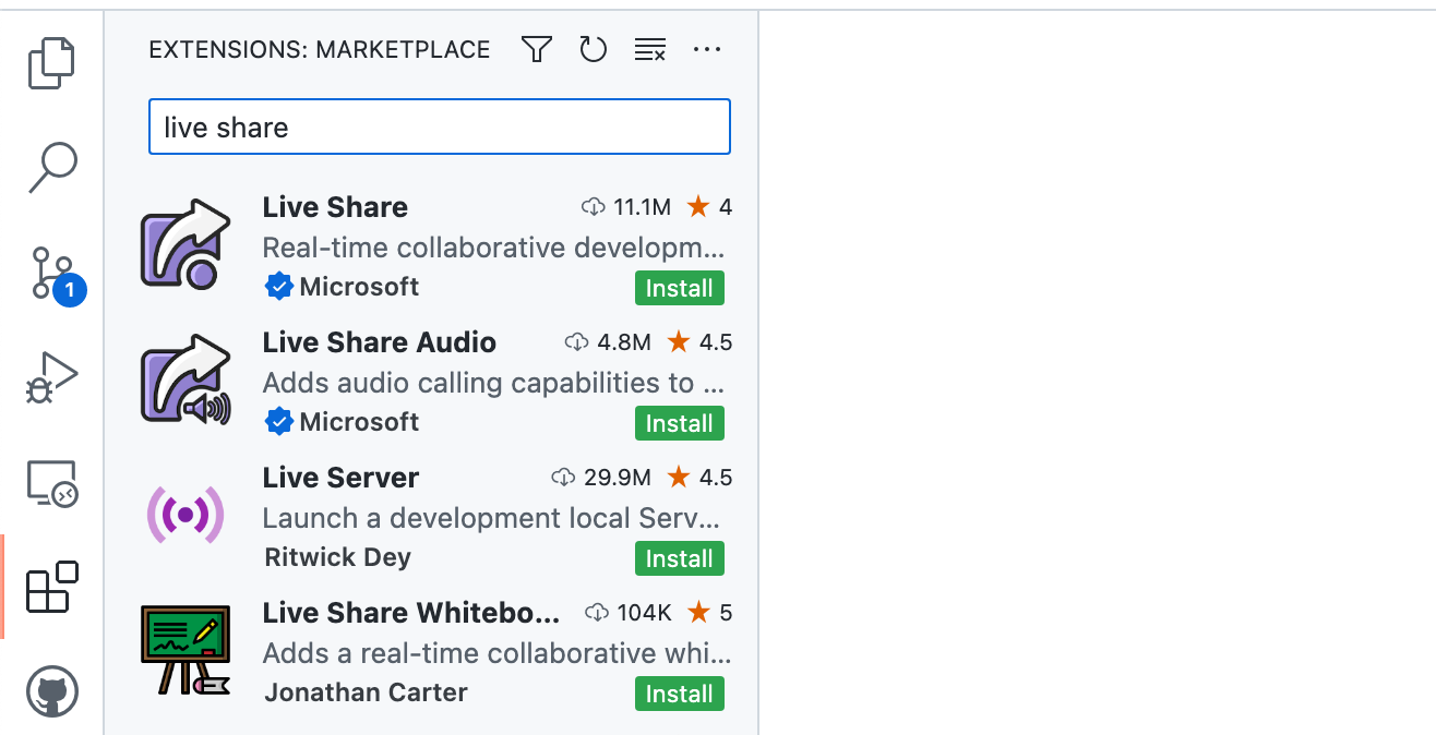 Снимок экрана: боковая панель "Расширения: Marketplace" с вводом "live share" в поле поиска. "Live Share" является первым в списке расширений.