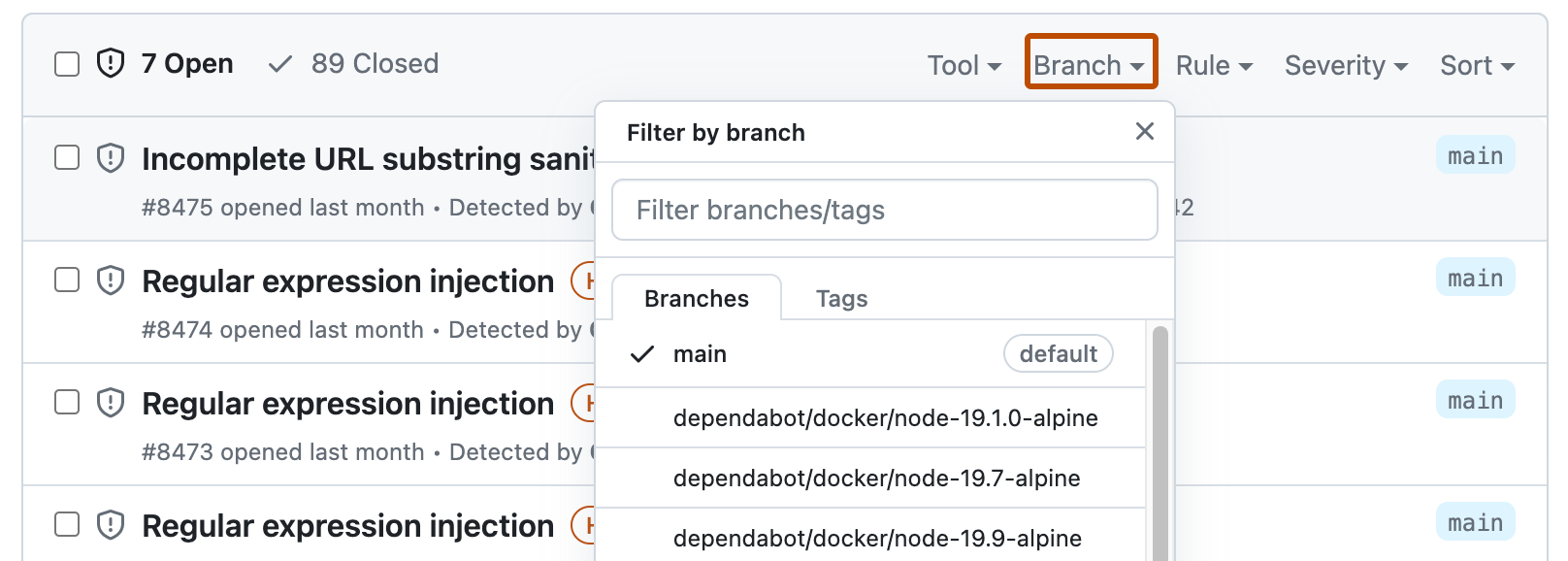 Captura de tela do campo de pesquisa na code scanning, com o menu suspenso "Branch" expandido. O botão "Branch" está realçado em laranja escuro.