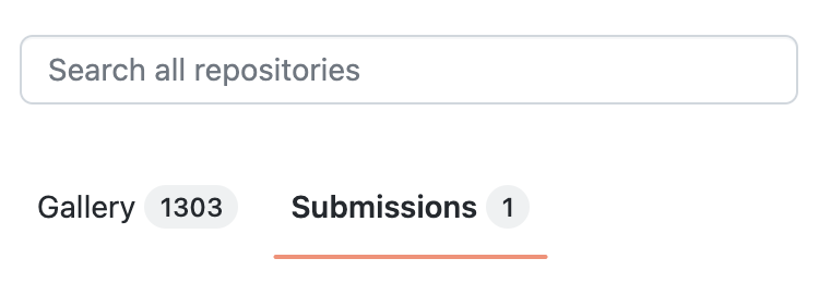 Screenshot of the "Submissions" tab, under the search bar and next to the "Gallery" tab, on the GitHub Community Exchange home page.