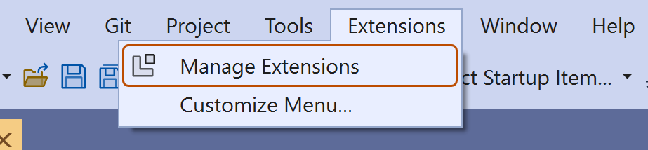Снимок экрана: строка меню в Visual Studio. Откроется меню "Расширения", а параметр "Управление расширениями" выделен оранжевым контуром.
