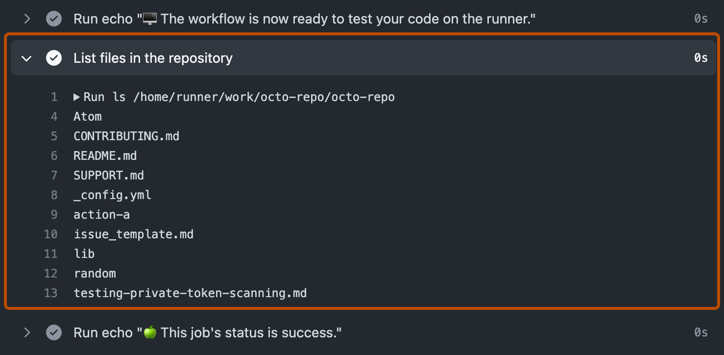 Screenshot of the "List files in the repository" step expanded to show the log output. The output for the step is highlighted with an orange outline.