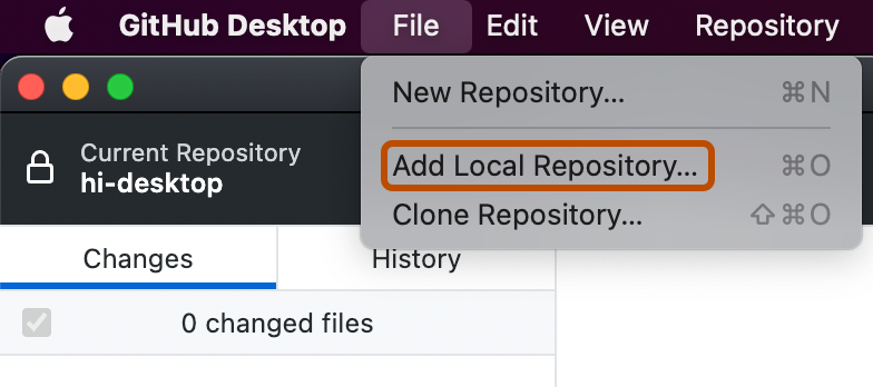 Снимок экрана: строка меню на Компьютере Mac. Раскрывающееся меню "Файл" открыто, а параметр "Добавить локальный репозиторий" выделен оранжевым контуром.