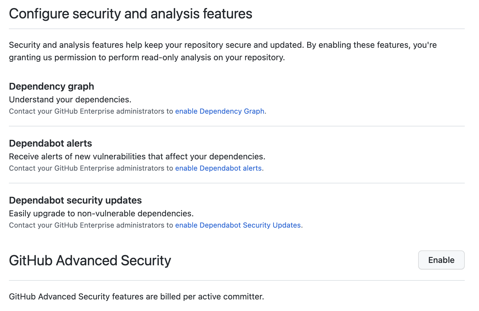 Captura de pantalla de las características de seguridad y análisis de código".