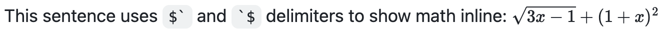 Screenshot of rendered Markdown showing how a mathematical expression displays inline on GitHub. The equation is the square root of 3 x minus 1 plus open paren 1 plus x close paren squared.