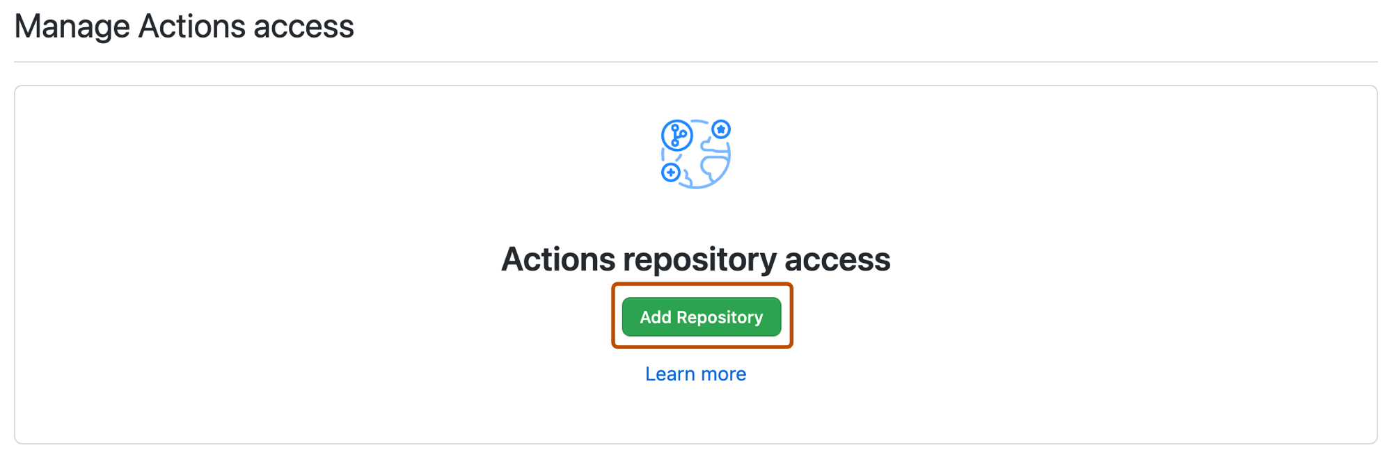 Captura de tela da seção "Gerenciar acesso a Ações" da página de configurações do pacote. O botão "Adicionar repositório" é realçado com um contorno laranja.