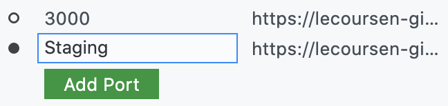 Screenshot: Als benutzerdefinierte Bezeichnung für einen weitergeleiteten Port hinzugefügte Bezeichnung „Staging“