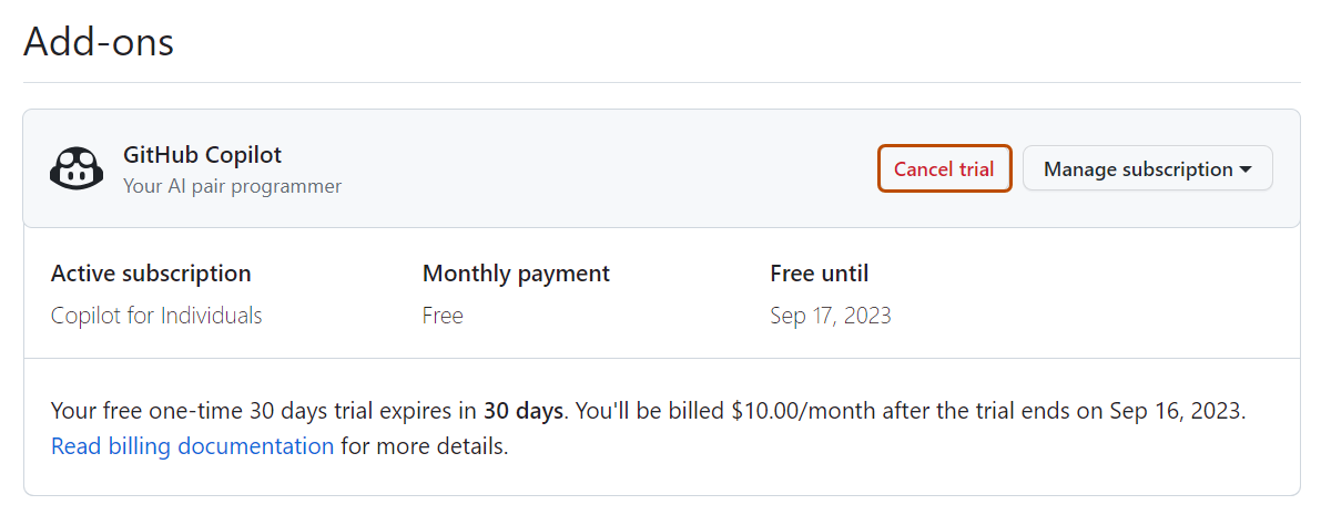 Screenshot of GitHub Copilot section on billing page with cancel trial option emphasized