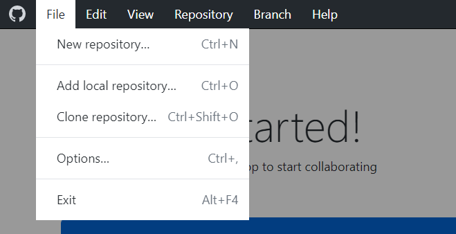 Windows の [GitHub Desktop] メニュー バーのスクリーンショット。 リポジトリのアクションは、[ファイル] ドロップダウン メニューを開くと一覧表示されます。