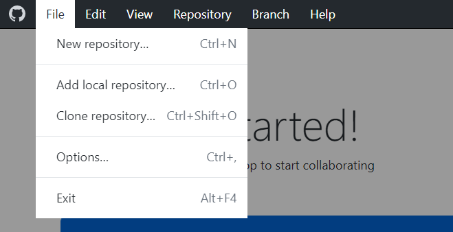 Windows의 "GitHub Desktop" 메뉴 모음 스크린샷입니다. 리포지토리에 대한 작업은 열려 있는 "파일" 드롭다운 메뉴에 나열됩니다.