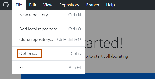 Windows의 "GitHub Desktop" 메뉴 모음 스크린샷. 확장된 "파일" 드롭다운 메뉴에서 "옵션" 항목이 주황색 윤곽선으로 강조 표시됩니다.