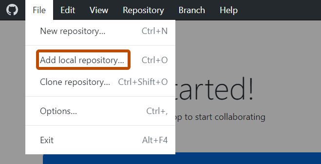 Screenshot der Menüleiste unter Windows. Das Dropdownmenü „Datei“ ist geöffnet, und eine Option mit der Beschriftung „Lokales Repository hinzufügen“ ist durch einen orangefarbenen Rahmen hervorgehoben.
