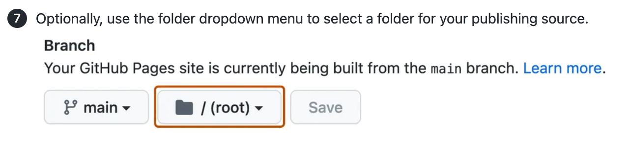 Снимок экрана: статья с инструкциями и снимок экрана пользовательского интерфейса для выбора папки в качестве источника публикации для GitHub Pages.
