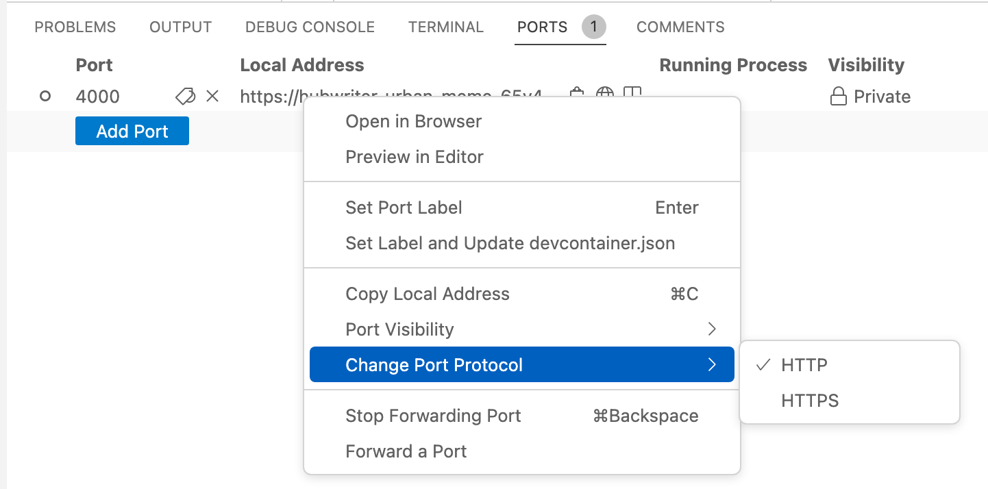 Screenshot of the pop-up menu for a forwarded port, with the "Change Port Protocol" option selected and "HTTPS" selected in the submenu.