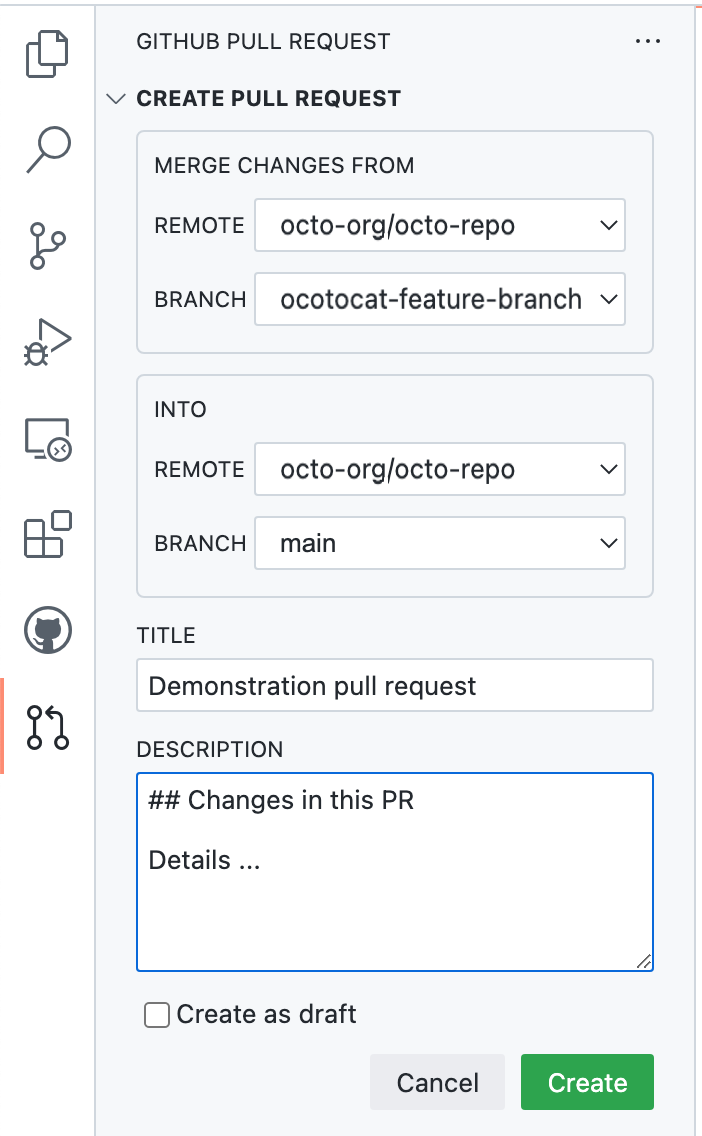 Снимок экрана: боковая панель "GitHub Запрос на вытягивание" с формой для создания запроса на вытягивание, включая поля "Название" и "Описание".