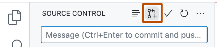 Capture d’écran du haut de la barre latérale « Contrôle de code source ». L’icône de demande de tirage (pull request) est mise en surbrillance avec un encadré orange foncé.