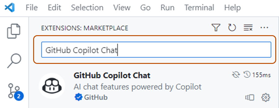 Screenshot of the GitHub Copilot Chat extension in the Extensions Marketplace.