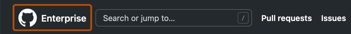 Captura de pantalla del encabezado de cualquier página de GitHub. El logotipo de GitHub y "Enterprise" están resaltado con un contorno naranja.