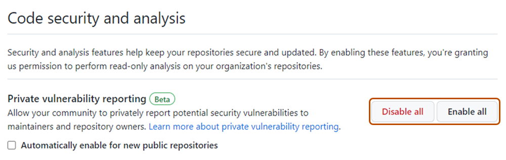 Captura de tela da página "Segurança e análise de código" com os botões "Desabilitar tudo" e "Habilitar tudo" realçados para relatórios privados de vulnerabilidades