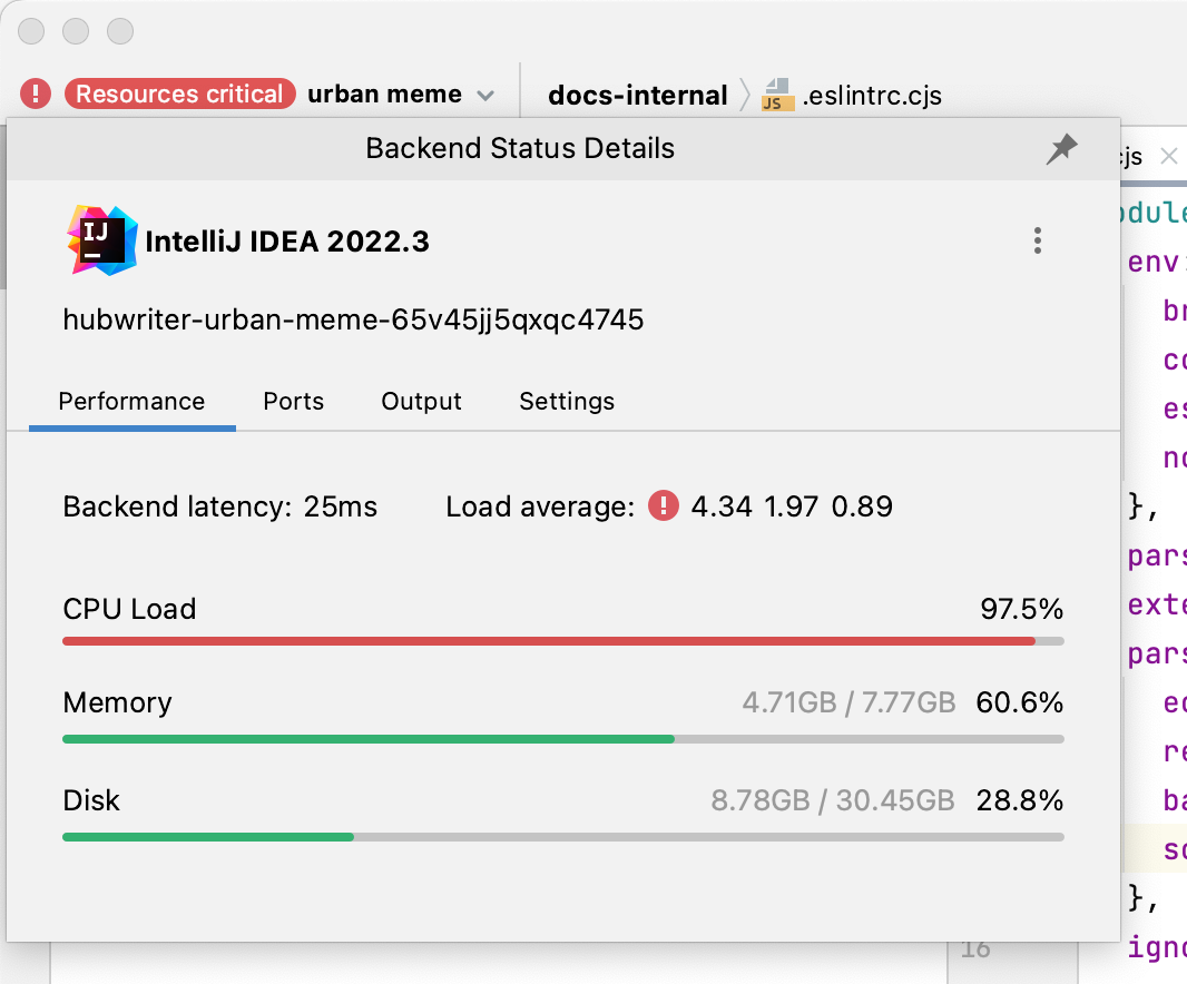 Captura de pantalla de la pestaña "Rendimiento" en la lista desplegable de recursos, en la que se muestra la carga de CPU al 97,5 %, la memoria al 60,6 % y el disco a 28,8 %.