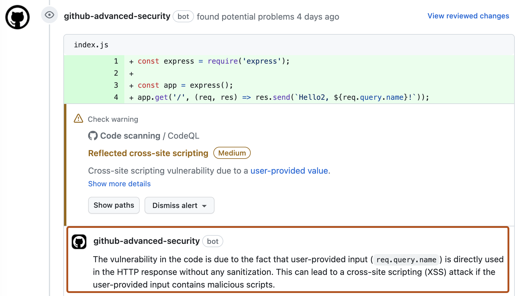 pull request の code scanning アラートのチェック エラーのスクリーンショット。 [自動修正] 候補の一部が、濃いオレンジ色の枠線で囲まれています。