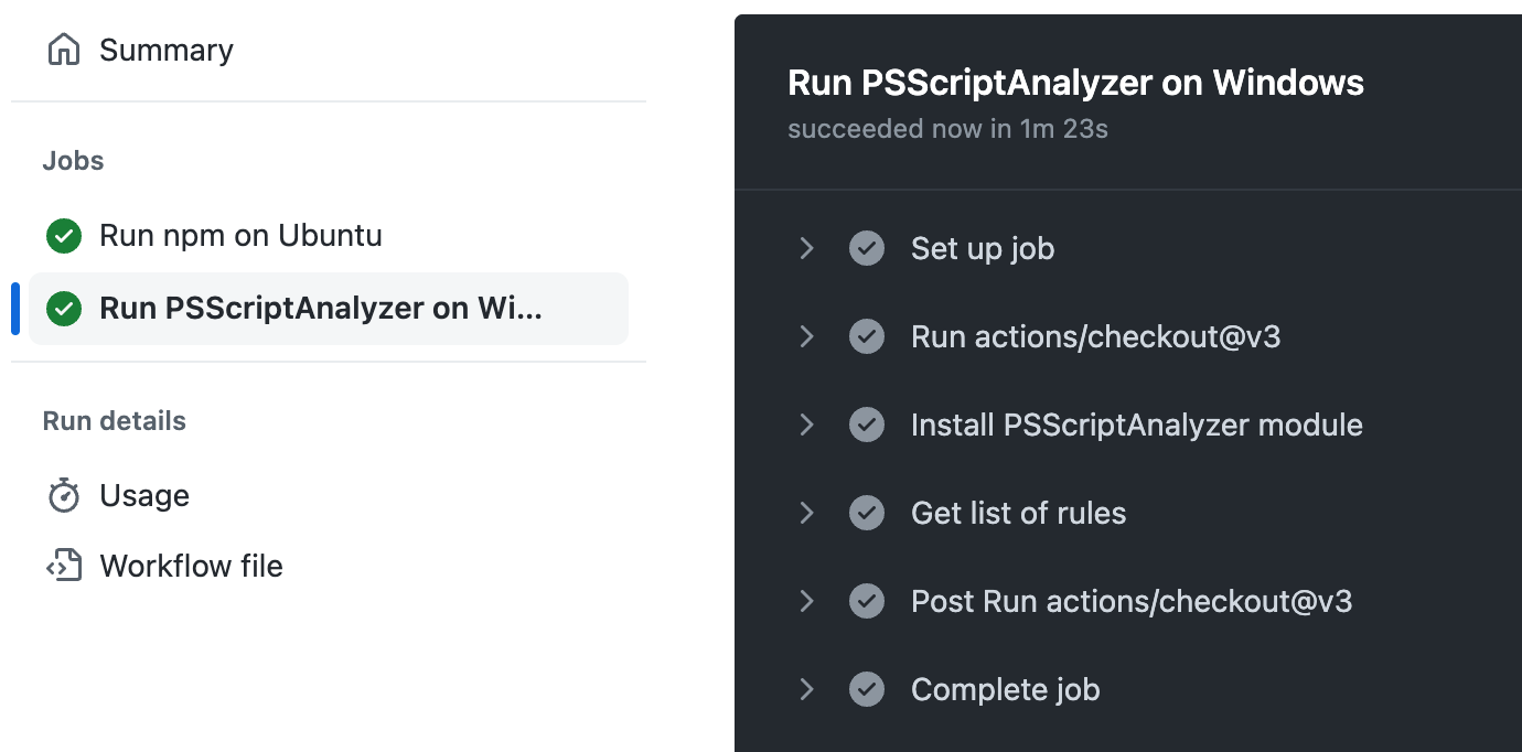 Screenshot einer Workflowausführung. Die Schritte für den Auftrag „PSScriptAnalyzer unter Windows ausführen“ werden angezeigt.