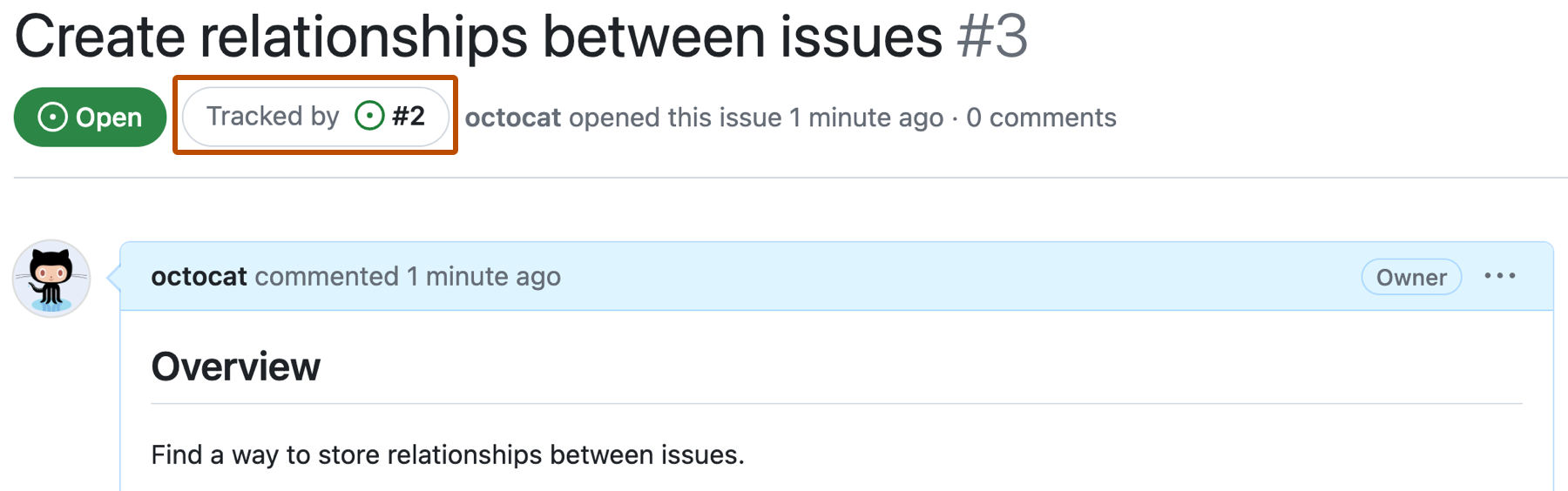 Captura de pantalla de un problema de GitHub denominado "Crear relaciones entre problemas" y el problema numerado 3. Un botón debajo del título del problema que dice "Tracked by issue #2" (Seguimiento por problema n.º 2) se describe en naranja oscuro.
