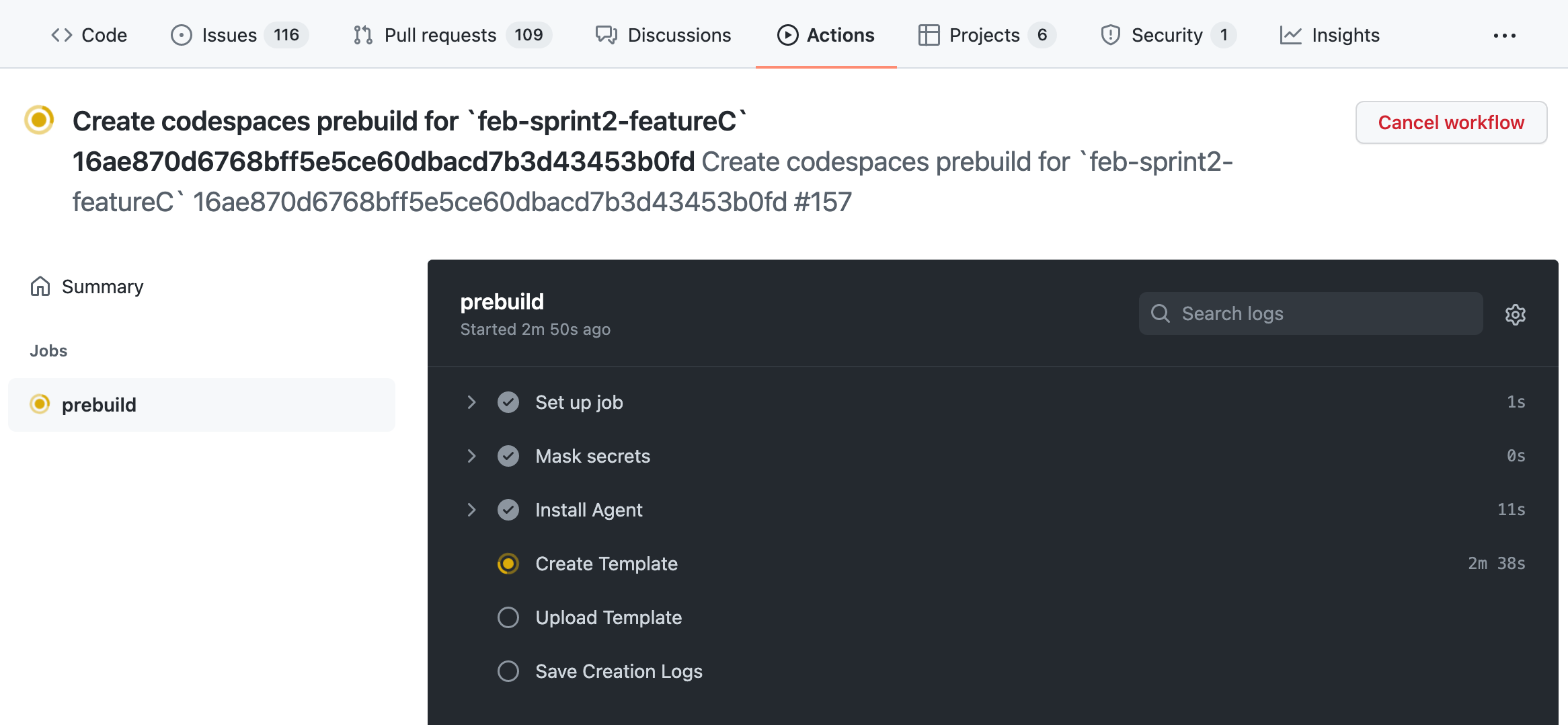 Capture d’écran de la sortie du workflow de prébuild sous l’onglet « Actions » de GitHub.com.