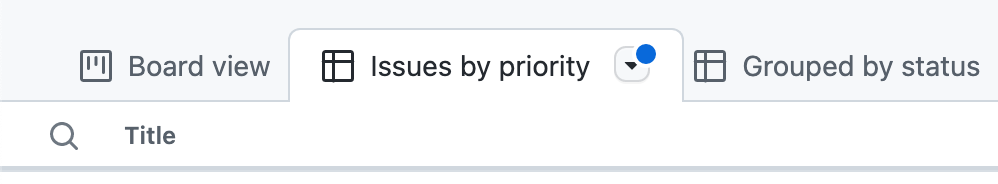 Screenshot: Registerkarte für eine Ansicht mit der Bezeichnung „Issues nach Priorität“. Neben dem Namen der Ansicht ist ein Dropdownsymbol durch einen blauen Punkt gekennzeichnet.