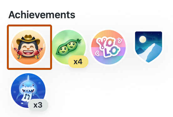Screenshot of the "Achievements" section of a user profile. A badge with a cowboy image is highlighted with a dark orange outline.