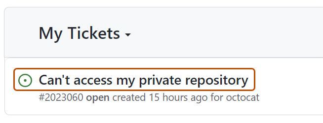  スクリーンショット。 チケットの件名、「プライベート リポジトリにアクセスできません」はオレンジ色で強調表示されています。