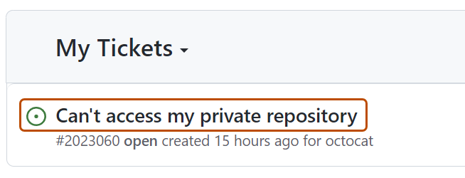 Captura de tela mostrando uma lista de tíquetes de suporte. O assunto de um tíquete, "Não é possível acessar meu repositório privado", está realçado em laranja.