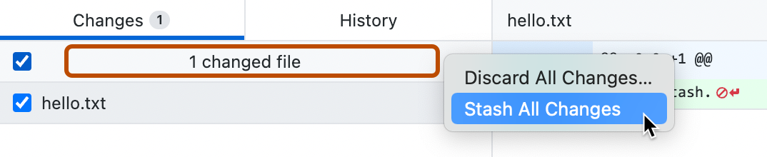 [変更] タブのスクリーンショット。"1 changed file" (1 個の変更されたファイル) というヘッダー バーがオレンジ色の枠線で囲まれています。 コンテキスト メニューの [Stash All Changes] (すべての変更を一時退避する) にカーソルが置かれています。