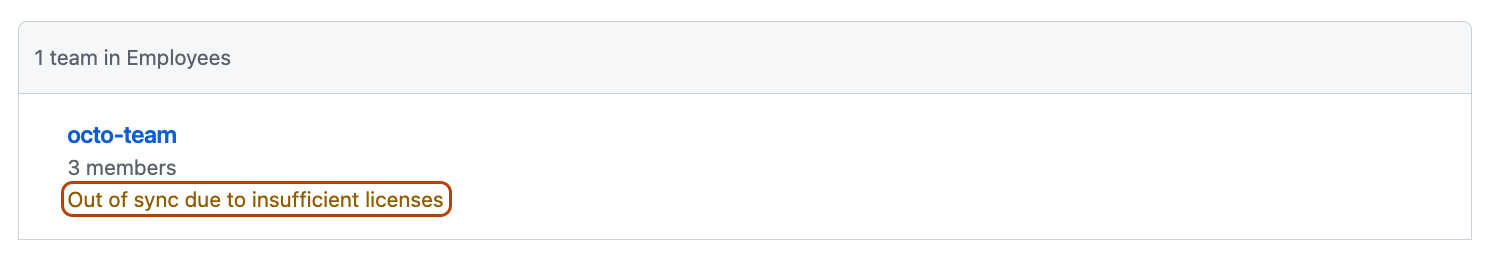 IdP 组页的屏幕截图。 提示团队由于许可证不足而不同步的警告以深橙色突出显示。