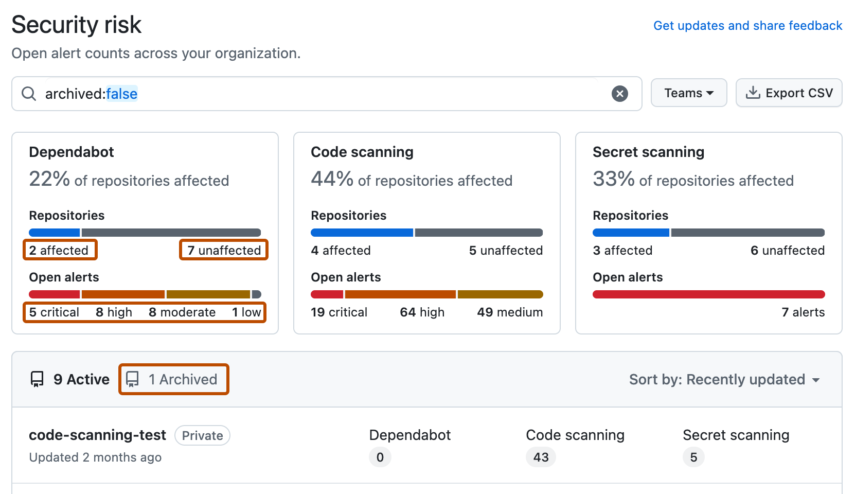 Organization の [セキュリティ リスク] ビューのスクリーンショット。 フィルター処理のオプションが、濃いオレンジ色の枠線で囲まれています。