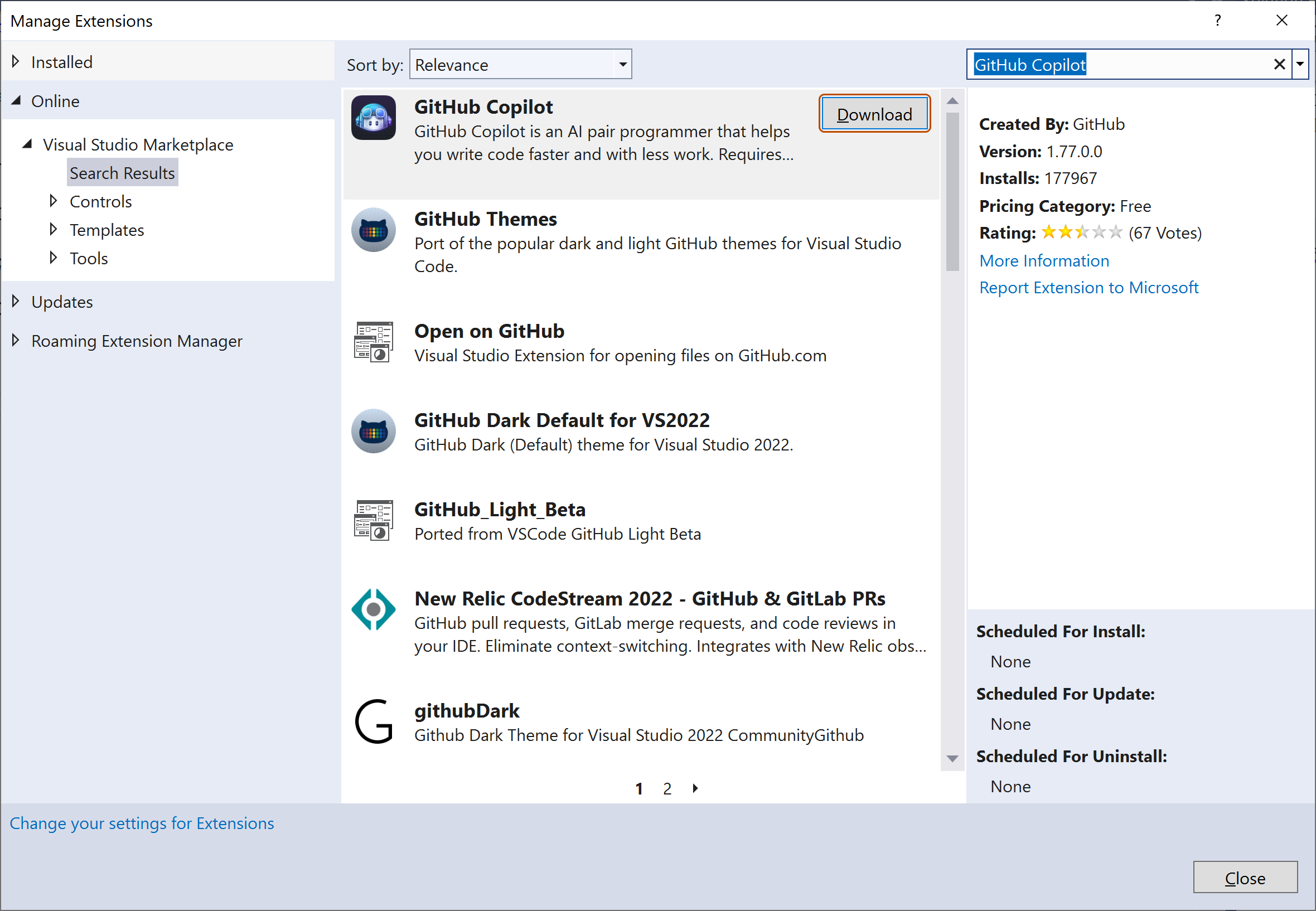 Screenshot of GitHub Copilot extension for Visual Studio with the download button emphasized.