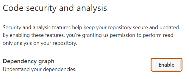 Captura de pantalla en la que se muestra cómo habilitar el gráfico de dependencias de un repositorio. El botón "Habilitar" está resaltado con un contorno naranja oscuro.